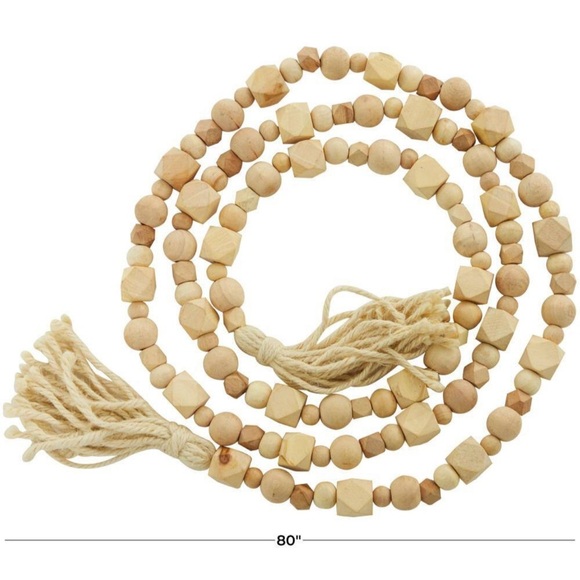Light Brown Handmade Mango Wood Beaded Garland with Tassel 80” long Boho Decor - Picture 2 of 5